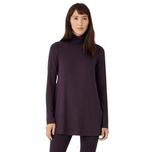 Eileen Fisher NWT Fine Jersey Scrunch Neck Long Top Purple Size XS Tunic Blouse